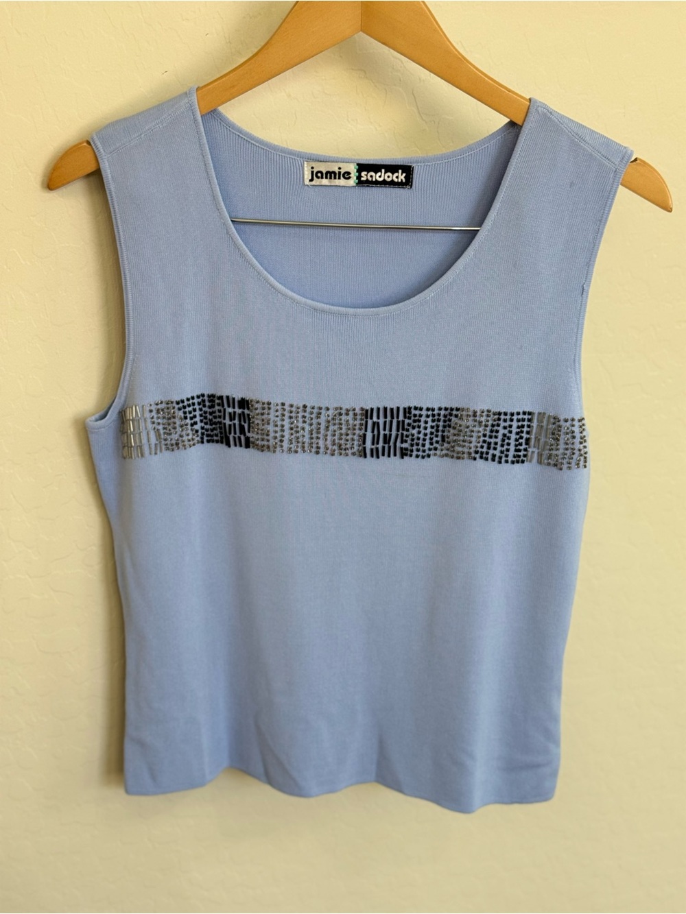 Jamie Sadock Vintage Blue Sleeveless Ribbed Knit Beaded Top Tank Size Small